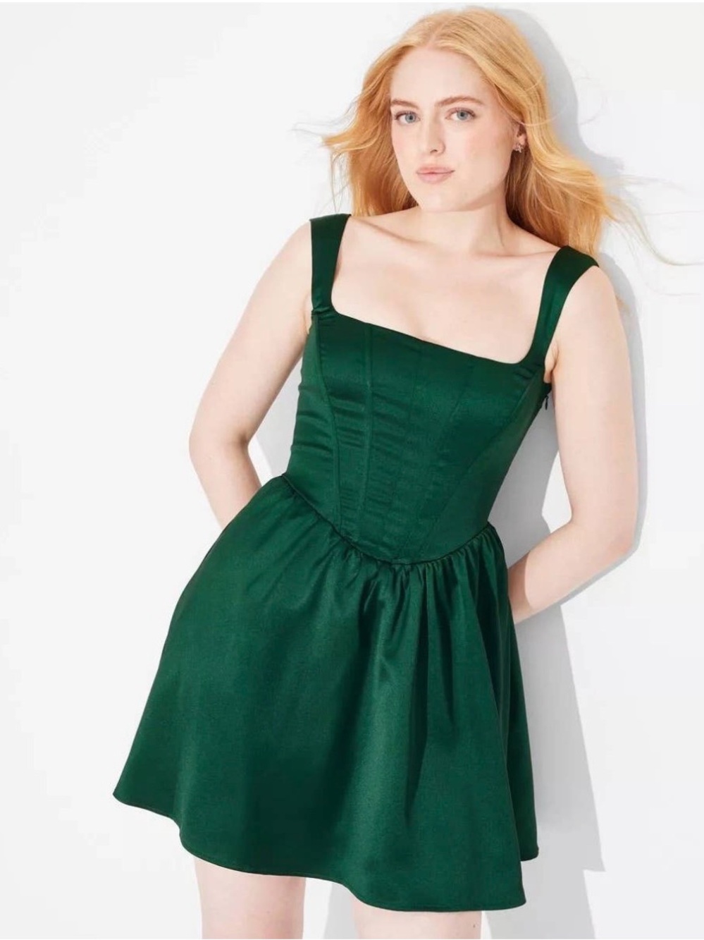 wild fable Dark Green Square-Neck Fit & Flare Mini Dress medium